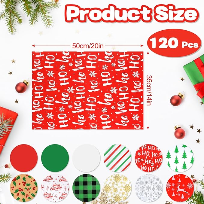 NEBURORA 120 Sheets Christmas Tissue Paper 20 x 14 Inch Xmas Wrapping Tissue Paper for Merry Christmas Holiday Party Decorations Gift Bags DIY Crafts