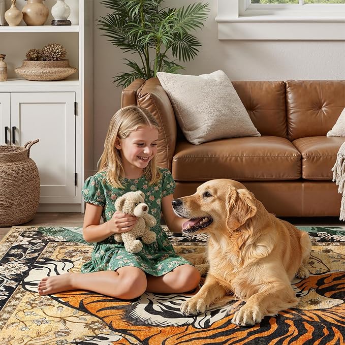 DCX Washable 9x12 Tiger Area Rug, Brown Vintage Animal Rug for Living Room, Soft Low Pile Carpet, Kid & Pet Friendly with Rubber Back Non Slip, Stain Resistant Rug for Bedroom Dining Room Office