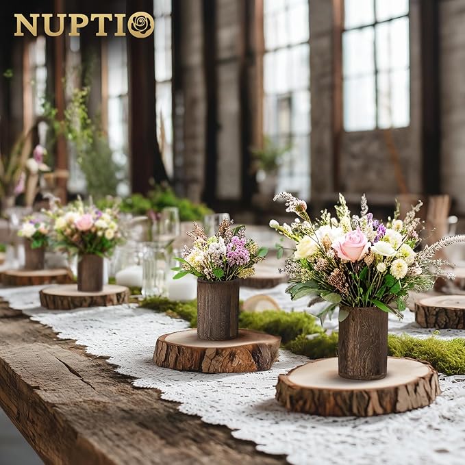 NUPTIO Wood Vases Rustic Centerpiece: 6 Pcs 5.1" Wooden Vase for Home Decor - Brown Small Vase for Wedding Table Living Room Shelf Decor