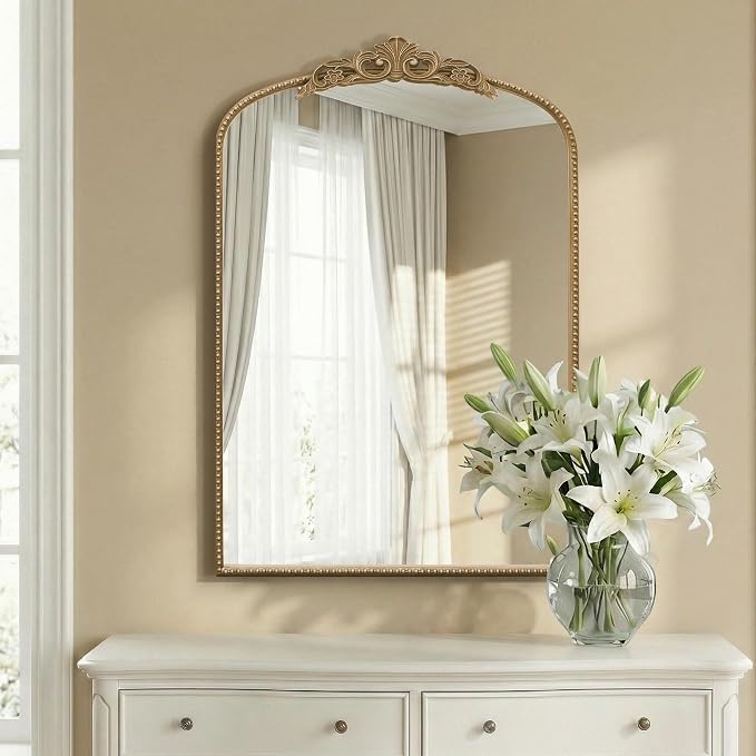 Micasso Ornate Antique Gold Mirror: 24"x36" French Baroque Arched Mirror - Traditional Vintage Decorative for Wall/Mantel/Entryway/Bathroom/Hallway/Living Room - Home Decor for Bathroom