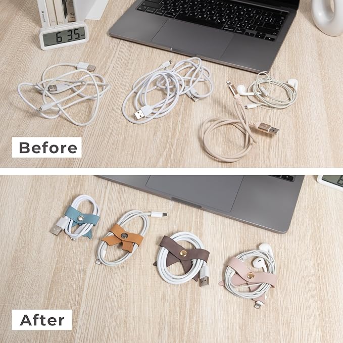 SenseAGE 5 Pack Cord Organizer, Bow Cord Keeper, Cable Organizer USB Holder, Leather Cable Management, Cable Straps, Earphone Winder, Storage Straps for Electronics, Earbuds (Moonlight Grey, Small)