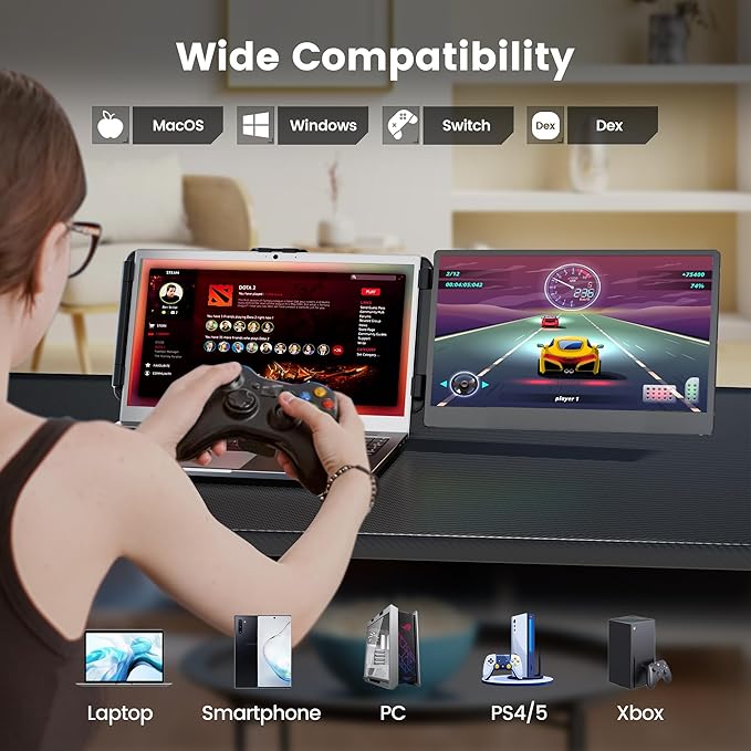 domyfan 14" Laptop Monitor Extender, FHD 1080P IPS Dual Laptop Screen Extender, HDMI/USB-A/Type-C Plug and Play for Windows, Mac, Chrome, Android, Xbox, Switch, PS5, Work with 13.3”-17” Laptops