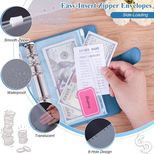 Antner A6 Budget Binder - Zipper Cash Envelopes for Money Organization | PU Leather Planner in Sky Blue