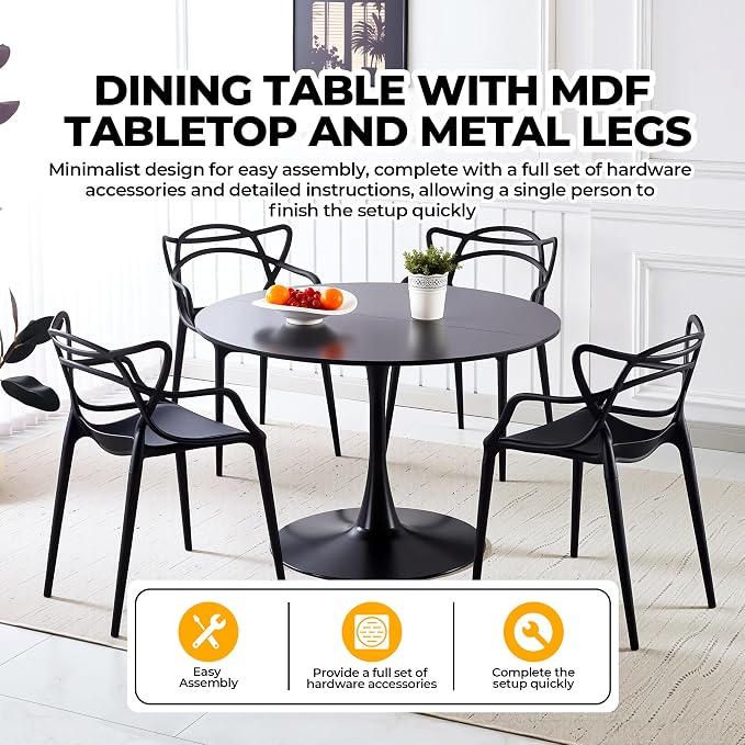 KEIKI 42.1" Round Dining Table, Mid Century Modern Bistro Table with Thickened MDF Tabletop & Metal Pedestal, for 4-6 People, Small Places, Cafe, Kitchen, Living Room, Black