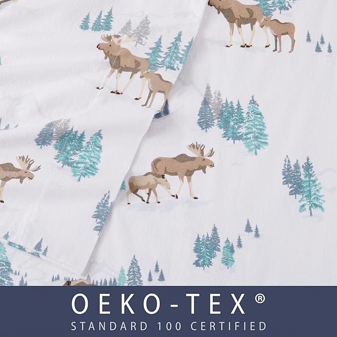 Market & Place 100% Turkish Cotton Flannel Sheet Set | 4 Piece Deep Pocket Novelty Cozy Winter Bed Sheets | Double Brushed for Extra Softness & Comfort | Alpine Collection (King, Moose)