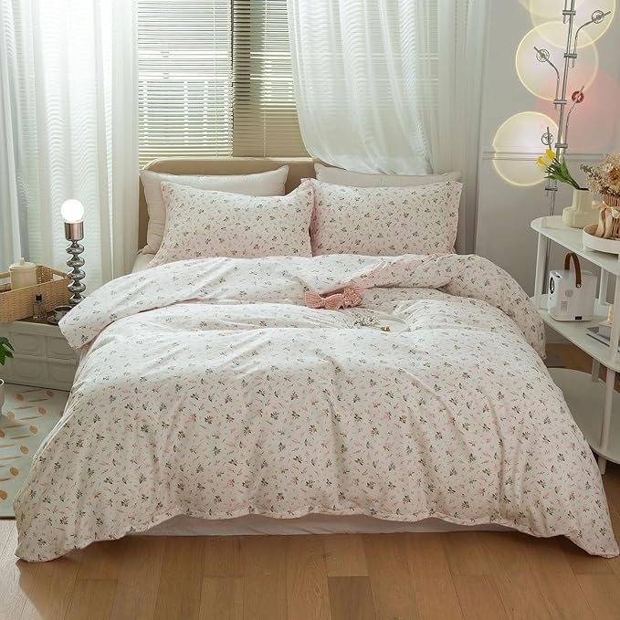 Vintage Floral Comforter Set Full Size Garden Style Pink Floral Bedding Set Aesthetic Cottagecore Flowers Botanical Comforter Set with 2 Pillowcases Fluffy Lightweight Bedding Set for All Seasons