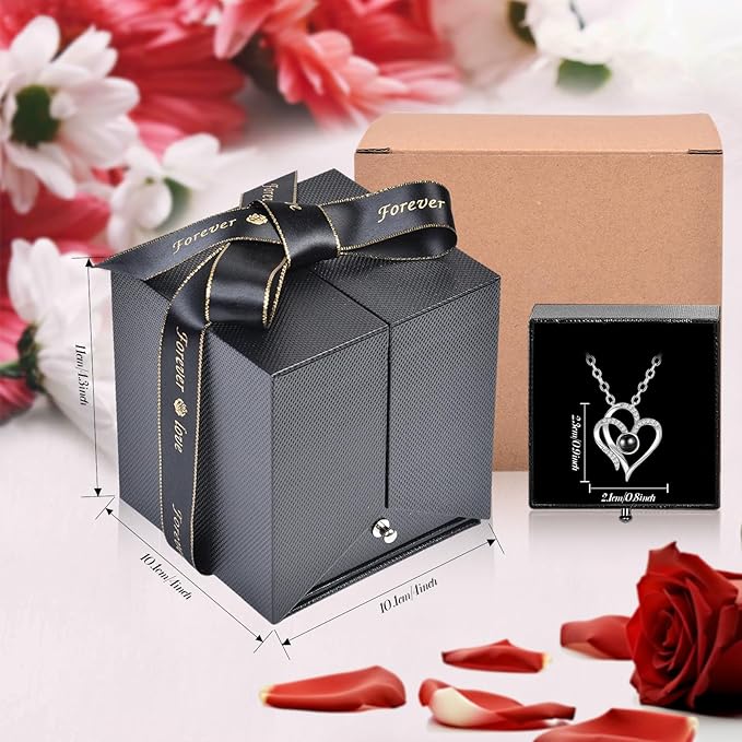 Christmas Birthday Gifts for Women - Preserved Real Rose with I Love You Heart 100-Language Necklace, LED Lights & Music Gift Box, Christmas for Women Girlfriend Mom