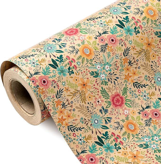 WRAPAHOLIC 30 Inch Kraft Floral Wrapping Paper Roll - 30 Inch x 33 Feet - Spring Summer Garden Flower Design Perfect for Wedding, Bridal Shower, Birthday