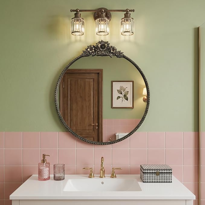 Baroque Antique Black Round Mirror for Wall Decor - 24" Circle Wall Mirror with Vintage Ornate Carved Floral Top Beaded Metal Frame for Bathroom Vanity, Entryway, Fireplace, Living Room, Bedroom