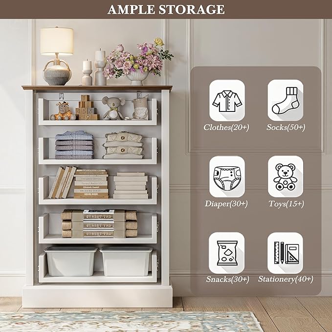 Dresser for Bedroom with 5 Fluted Drawers, 31.5" Wide Chest of Drawers with Mid-Century Design, Wood Dresser for Closet with Metal Handle, White