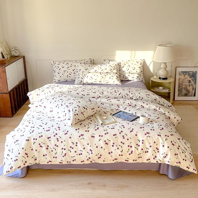 AOJIM Cherry Pattern Duvet Cover Set, 100% Cotton Cute Bedding Comforter Cover with Fruit Motifs, Aesthetic Quilt Cover Set 3pcs, 1 Queen Size Comforter Cover and 2 Matching Pillowcases, No Comforter