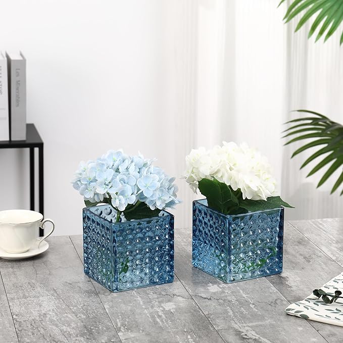 Square Vases Set of 6, 4" x 4" x 4" Square Glass Vases for Flowers, Blue Flower Vase for Centerpieces, Small Bubble Vase for Wedding, Party, Home, Office, Parties, Events
