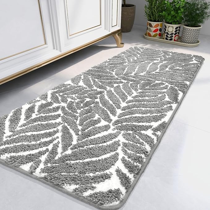 Gray Bathroom Runner Rug - Grey Long Bath Mat Tropical Leaf Bath Rugs Non Slip Washable Bathrug for Bathroom Floor, Cute Restroom Rug, Plant Absorbent Bathmat Botanical Home Decor 24" x 60"