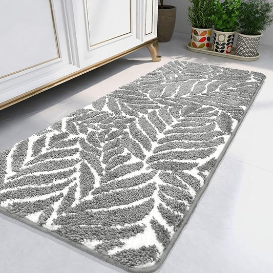 Gray Bathroom Runner Rug - Grey Long Bath Mat Tropical Leaf Bath Rugs Non Slip Washable Bathrug for Bathroom Floor, Cute Restroom Rug, Plant Absorbent Bathmat Botanical Home Decor 24" x 60"