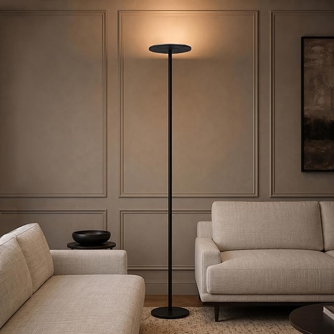 Brightech Sky LED Floor lamp, Torchiere Super Bright Floor Lamp for Living Room Decor & Office - Dimmable, Tall Standing Torch Lamp with Warm Light for Bedroom & Reading - Black