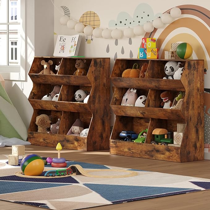 DINZI LVJ Toy Storage Organizer, Kids Bookshelf, Wooden Toy Storage Cabinet, 6 Cubby Children Bookcase, 39.4" L Toddler Book Shelf for Playroom, Living Room, Nursery, Hallway, School, Rustic Brown