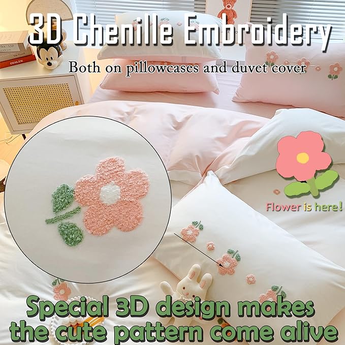 MorroMorn Cotton Duvet Cover Queen Size, 3D Embroidery Floral Bedding Sets, Fluffy Chenille Embroidered Comforter Covers Breathable Sweat-Absorbent for Girls Kids Teen (Flowers White, Full/Queen)
