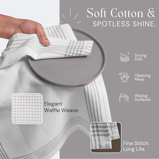 Waffle White & Grey Kitchen Towels 12 Pack, 100% Cotton, 16x26 inches, Quick Drying Dish Cloths, Absorbent Bar Mop Towels, Durable Kitchen Dishcloths Set for Daily Use