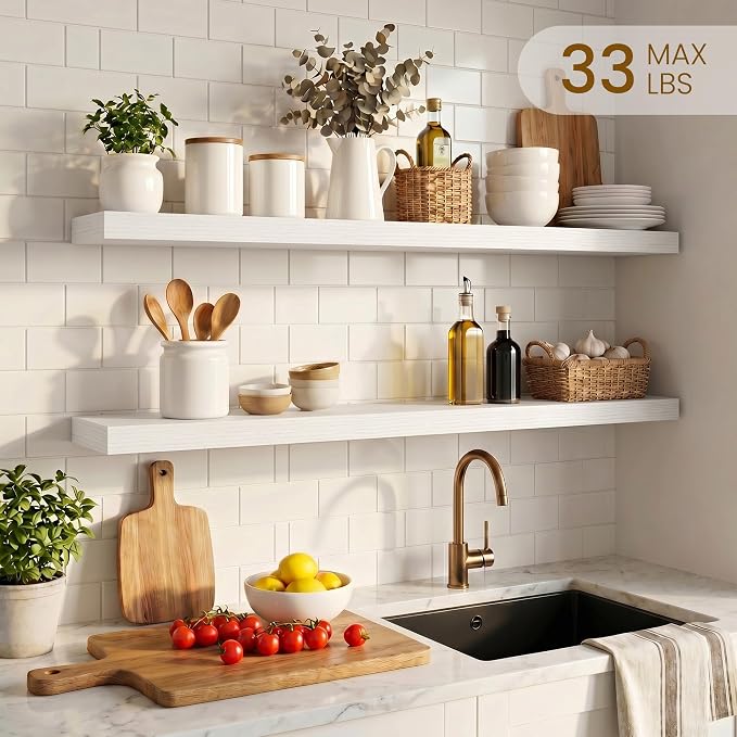 Dreamland 32inch Floating Shelves for Wall, Rustic White Floating Shelves for Bathroom|Bedroom|Kitchen, Deep Wall Mounted Book Shelf, Wood Storage Display Shelf for Home Decor, Set of 2