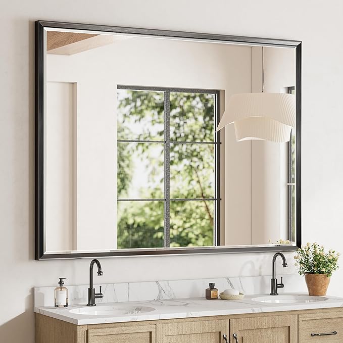 48 x 36 Black Framed Mirror for Bathroom, Beveled Black Bathroom Vanity Mirror Anti-Rust, Shatterproof Matte Black Rectangle Metal Frame Mirror, Vertical/Horizontal Large Wall-Mounted Mirrors