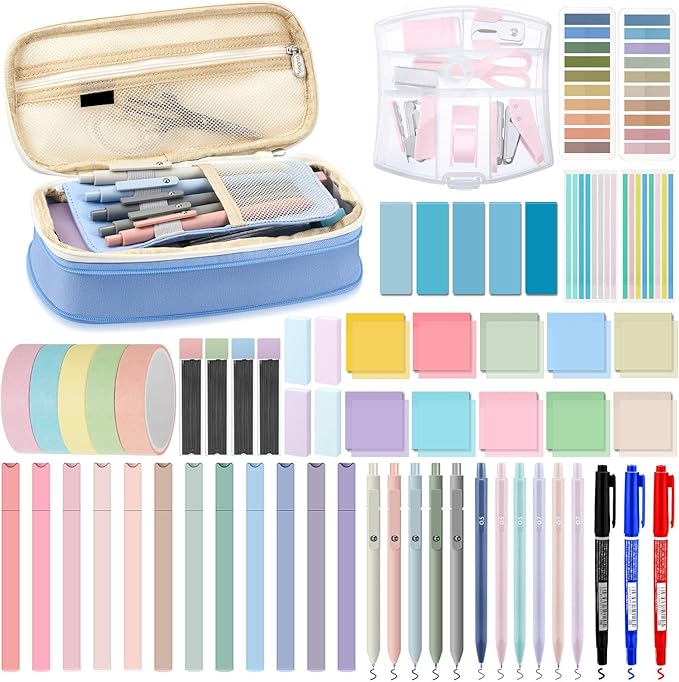 Sinload 60 Pcs Aesthetic Book Annotation Kit School Supplies Cute Pencil Case 12 Highlighter 5 Gel Pen 6 Mechanical Pencil 5 Magnetic Bookmark 1220 Pcs Sticky Note Tab Student Stationary(Light Blue)