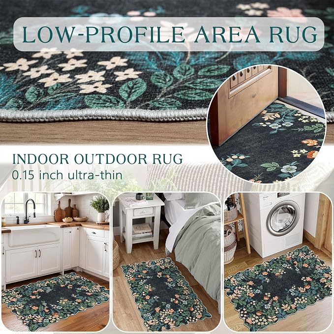 Front Door Mat Outside Entrance - 2x3 Black Floral Non-Slip Washable Doormat Indoor Outdoor Mat Boho Vintage Entry Rug Small Throw Rugs for Entryway Kitchen Front Porch Decor