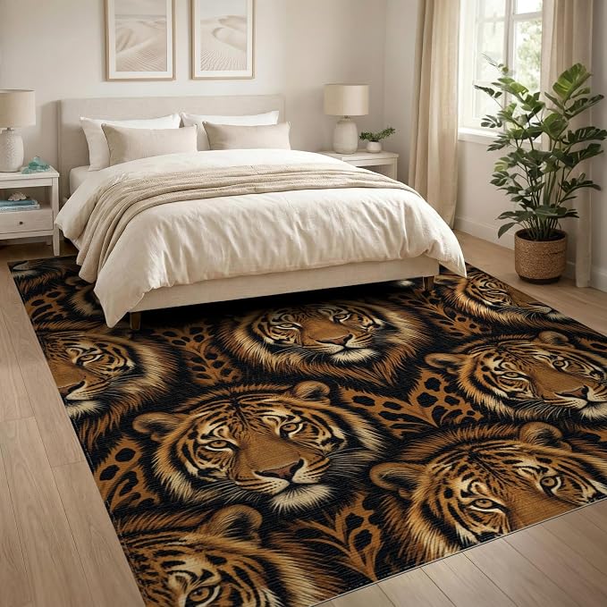 8'x10' Washable Flatwoven Rug, Orange Modern Tiger Print Stain Resistant Extra Large Carpet Non-Slip Chair-Friendly Mat for Dining Room, Large Office, Lounge | Ref:2229845