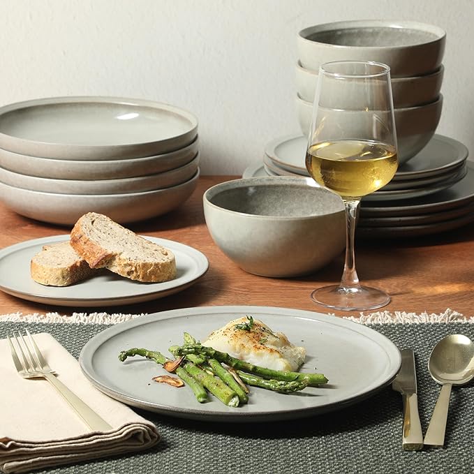 Gibson Elite Beckett Stoneware Matte Reactive Glaze 16 Piece (Service for 4) Plates and Bowls Dinnerware Set - Ash White