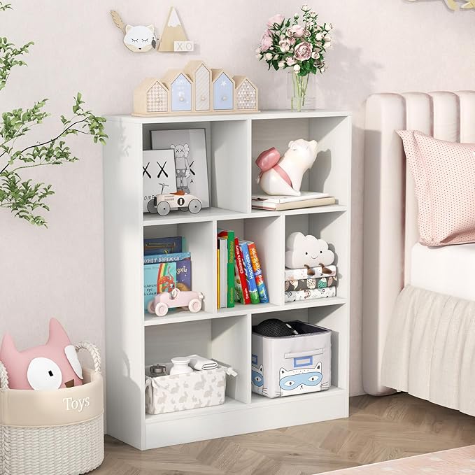 HONEY JOY Kids Toy Storage Organizer, 7-Section Wooden Floor Storage Cabinet, 41” Daycare Toy Chest, 3-Tier Kids Display Bookshelf for Classroom, Playroom & Nursery, Kindergarten (White)