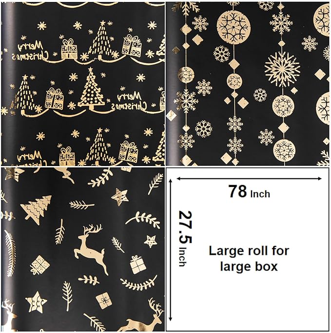 Linnoptimix Christmas Wrapping Paper Rolls -3 LARGE ROLL-27inch*78 inch per roll Colorful Foil Black wrapping paper(Christmas 3 Black/Gold（001）)