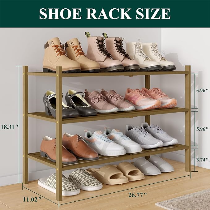 Smiry Bamboo Shoe Rack 3-Tier, Stackable Wooden Shoe Organizer for Entryway & Closet, Free Standing Wood Shoe Storage Shelf for Front Door & Small Spaces, Walnut