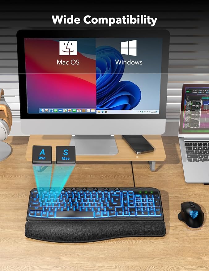 SABLUTE Ergonomic Keyboard, USB Wired with Cushioned Wrist & Palm Rest, 7-Color Backlit Adjustable Brightness for Windows, macOS, Desktop, Laptop & PC