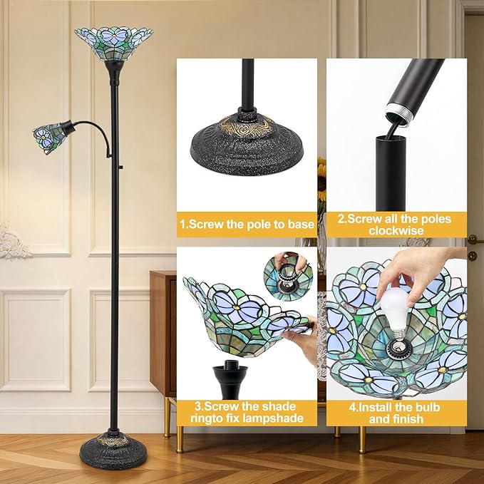 Luvkczc Tiffany Floor Lamp, Stained Glass Lamp Victorian Style with Adjustable Gooseneck Reading Lamp – 70" Tall Torchiere Floor Lamps for Living Room