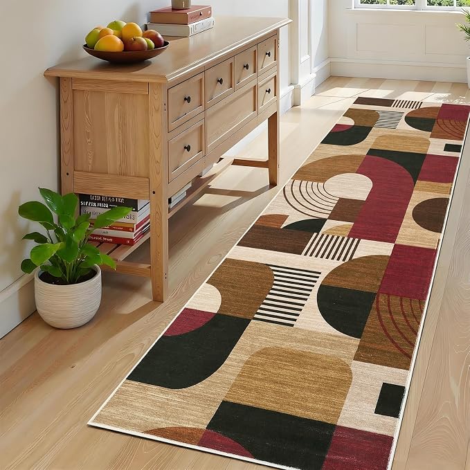 Runner Rugs 2x6, Boho Geometric Print Washable Hallway Runner Long Entryway Rug Soft Low Pile Non-Slip Kitchen Rug Runners for Bedroom Laundry, Burgundy/Brown Multi, 2'x6'