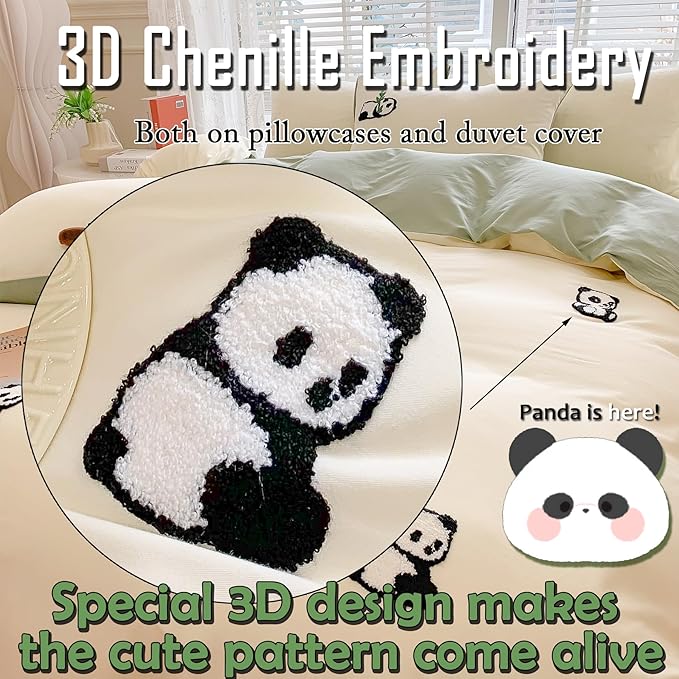 MorroMorn Twin Duvet Cover Cotton, Green 3D Embroidery Twin Bedding Sets, Cute Chenille Embroidered Comforter Covers Summer Blanket Soft for Girls Boys Kids Teen Preppy Dorm (Panda, Twin/Twin XL)