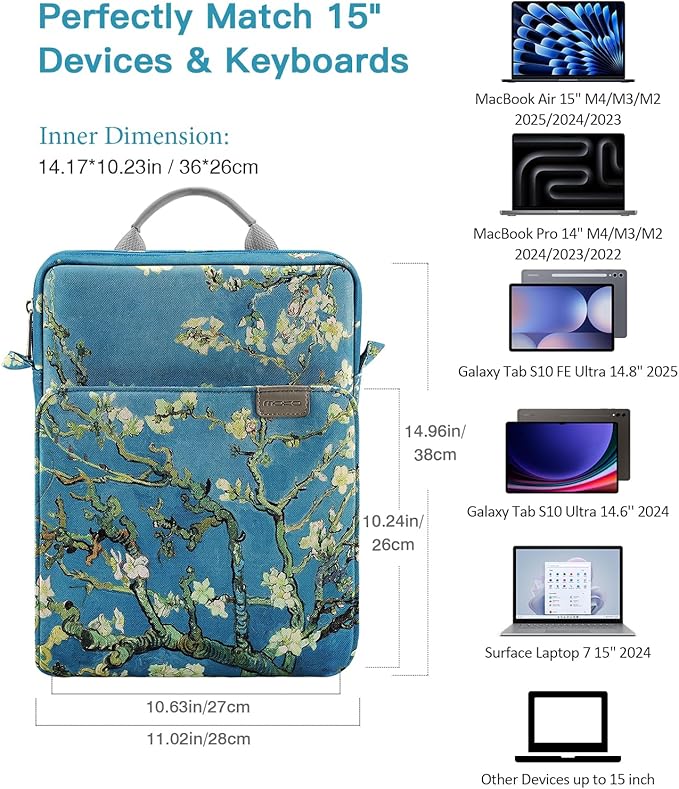 MoKo 15 Inch Laptop Sleeve Bag Fits MacBook Air 15" M2 2023, MacBook Pro 14" M2 2023, Galaxy Tab S9 Utra 14.6" 2023, Handle Carrying Case with Shoulder Strap, Apricot Flower