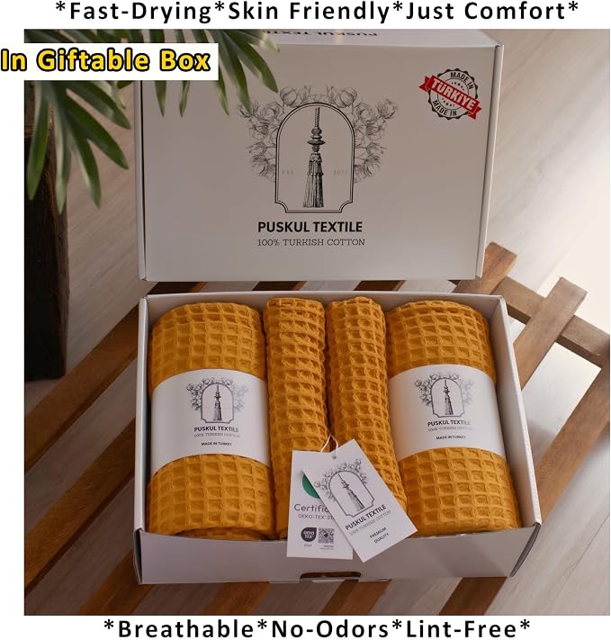 PÜSKÜL 4-Piece Natural 100% Turkish Cotton Luxury Waffle Towels for Bathroom | Premium Honeycomb Weave 2 Hand Towel & 2 Bath Towel Set | Soft Absorbent Quick-Dry Lightweight Towels (Mustrad Yellow)