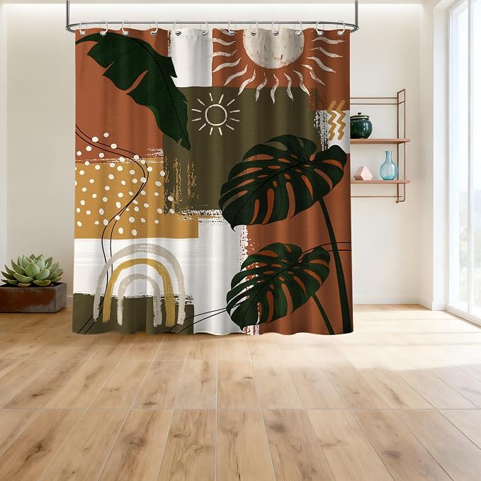Small Stall Narrow Mid Century Modern Shower Curtain Abstract Stand Up Tropical Leaf Shower Curtains for Rv Camper Bathroom Decor Sets, Waterproof Cloth Fabric with Hooks, 36 x 72 Inch