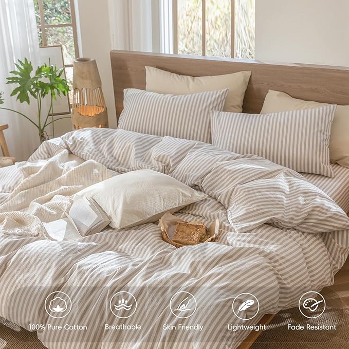 MooMee Striped Duvet Cover Set 100% Washed Cotton Linen Like Textured Breathable Durable Soft Comfy (Tannish Linen Grey White Classic Stripes, Oversized King Plus 128"x120")