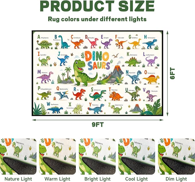6'x9' Dinosaur Area Rug ABC Alphabet Educational Rugs for Bedroom Living Room Nursery Kitchen Playroom Home Decor Washable Cute Cartoon Dinosaur Floor Mat Carpet