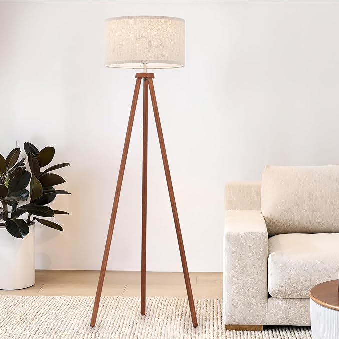 ELYONA Wood Tripod Floor Lamps with 3 Color Temperatures LED Bulb Vintage Standing Light Beige Linen Shade Tall Floor Lamp for Bedroom Living Room Office Study Room, Brown & Nickel Metal