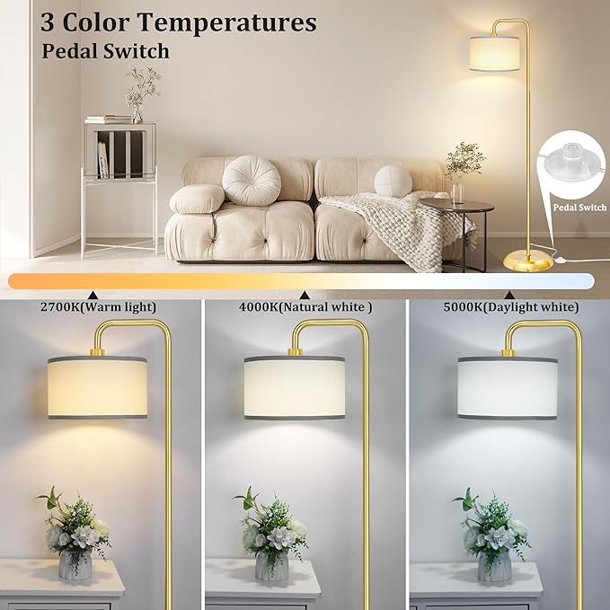 [Upgraded] LED Floor Lamp for Living Room, 3 Color Temperature Floor Lamp with Foot Switch Modern Standing Lamp Tall Pole Floor Reading Lamp for Bedroom, Study Room, Office, 9W Bulb Included, Gold