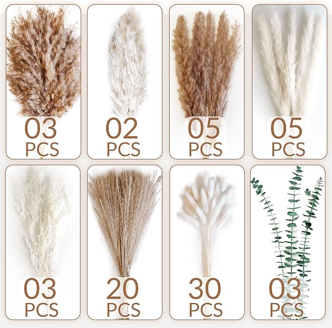 Dried Flower Bouquet - Pampas Grass, Bunny Tails, Olive Green Eucalyptus & Preserved Flowers - Boho Chic Home Decor, Rustic Wedding Centerpiece, Farmhouse Style Arrangement, Long-Lasting Gift