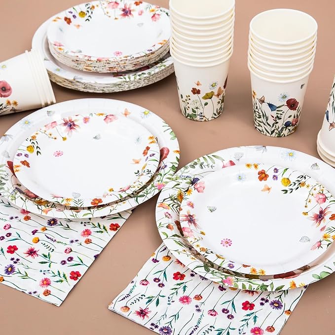 Wildflower Party Plates and Napkins supplies, Floral Paper Plates Wildflower Baby ShowerDecorations Tableware for Spring Summer Pinic Wedding Birthday Tea Party Service 24 Guests