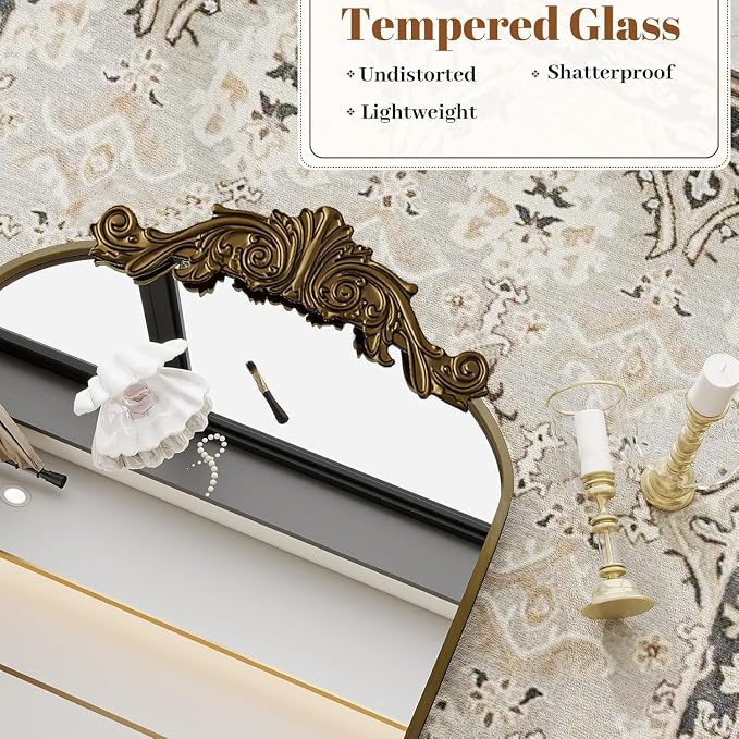 Dewfig Antique Arched Wall Mirror, 24"x36" Vintage Bronze Bathroom Mirror - Baroque Metal Frame Brass Mirror for Living Room, Bathroom, Fireplace, Entryway, Bronze