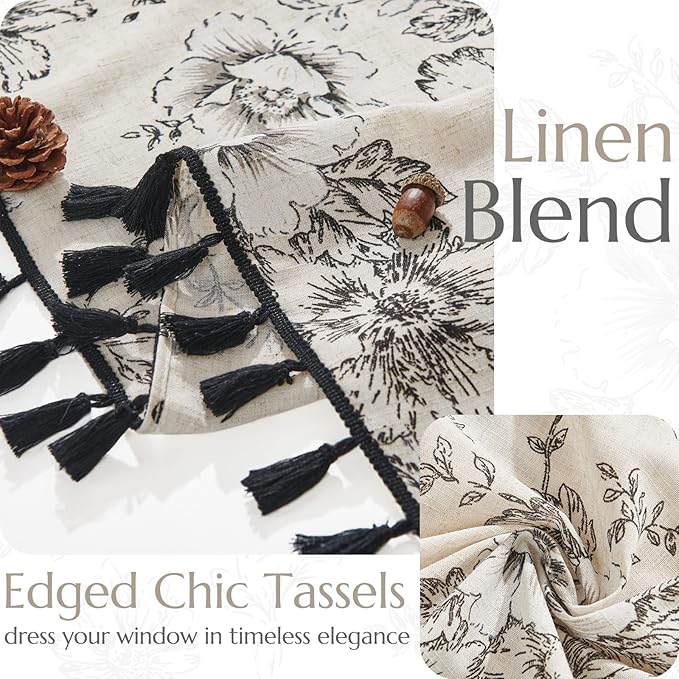 JINCHAN Linen Blend Floral Curtains for Living Room & Bedroom - 84 Inch Long Printed Curtains with Tassels & Rod Pocket - Farmhouse Rustic Peony Flower Patterned Drapes - 2 Panels