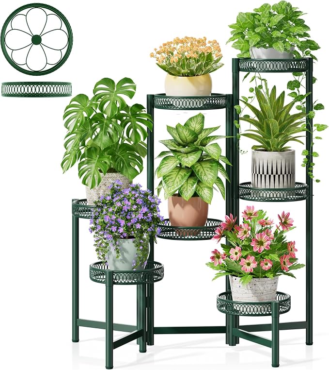 7 Tier Metal Corner Plant Stand Indoor Outdoor, Folding Tall Plant Rack, Heavy Duty Wrought Iron Flower Pot Stand, Planter Display Rack for Living Room Balcony Garden Patio - GreenFlower