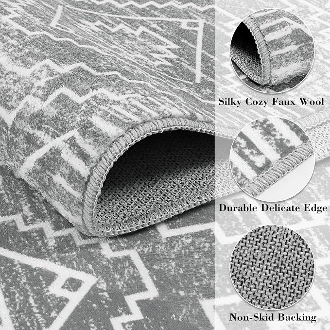 Wonnitar Moroccan 2'6"x8' Washable Kitchen Runner Rug with Rubber Backing, Non-Slip Grey Rug Runner for Hallway, Thin Farmhouse Geometric Carpet Runner for Bedroom Entryway (Silver Grey,2'6"x8')