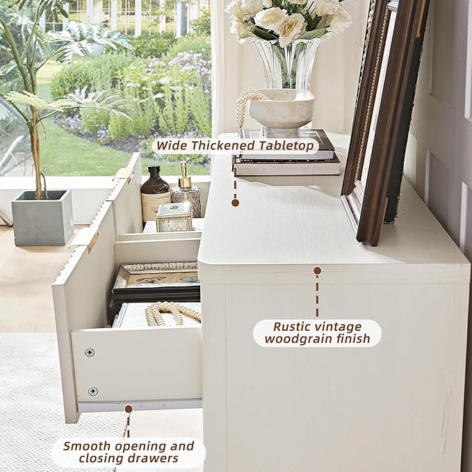 LEYAOYAO Fluted 6 Drawers Dresser, 48" Wide Modern Chest of Drawers with Wood Grain Top, Curved Profile Design, Dresser TV Stand, Wood Drawer Organizer for Bedroom, Living Room, Antique White