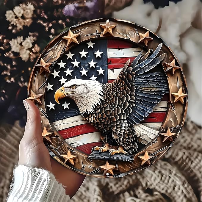 Eagle Wings Patriotic Aluminum Metal Wall Art - Weatherproof Round American Flag with Bald Eagle Decor, Pre-Drilled HD Print Sign for Home, Garage, Bar, Cafe7.98x7.98Inch Diameter